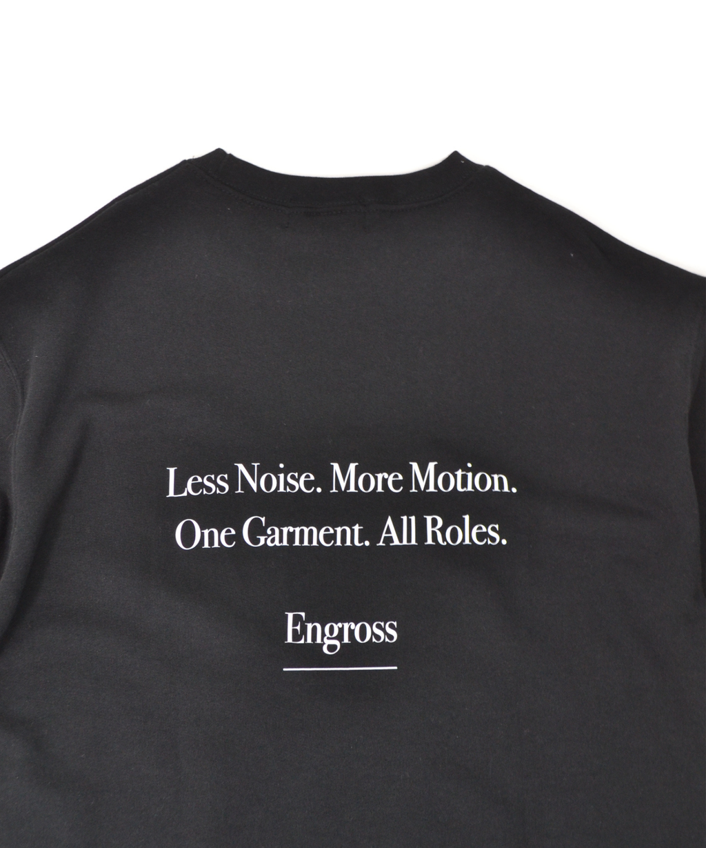 アスレジャーブランド Engross（エングロス）のSweat Short Sleeve（スウェットショートスリーブ）ブラック 平置き画像 バックプリント