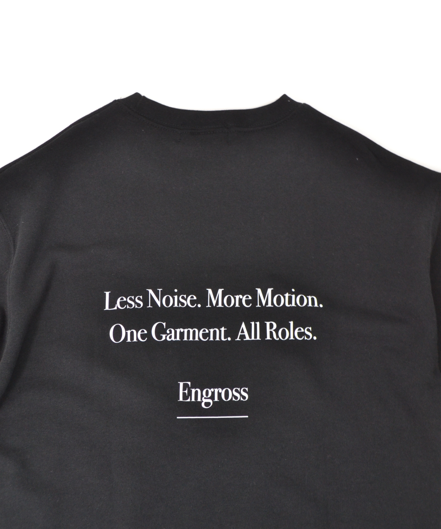 アスレジャーブランド Engross（エングロス）のSweat Short Sleeve（スウェットショートスリーブ）ブラック 平置き画像 バックプリント