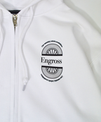 アスレジャーブランド Engross（エングロス）のQuick-Dry Zip Hoodie（クイックドライフーディー）ホワイト ロゴ