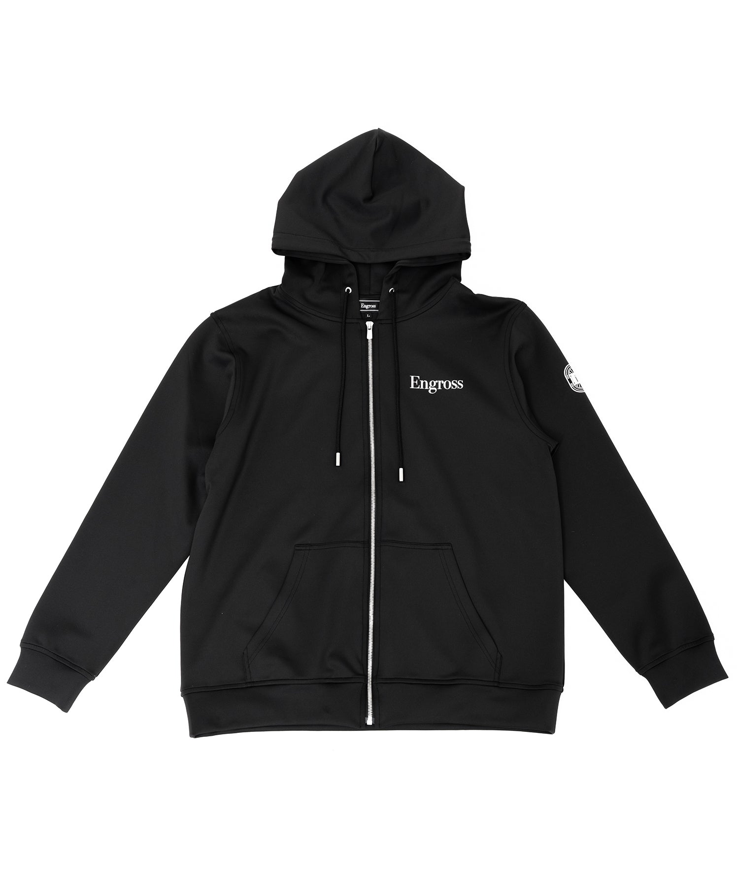 アスレジャーブランド Engross（エングロス）のLightweight Zip Up Hoodie（ライトウェイトジップアップパーカー）ブラック 平置き画像
