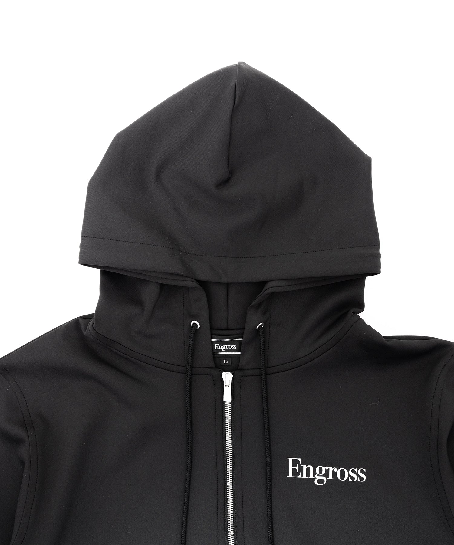 アスレジャーブランド Engross（エングロス）のLightweight Zip Up Hoodie（ライトウェイトジップアップパーカー）ブラック 平置き画像