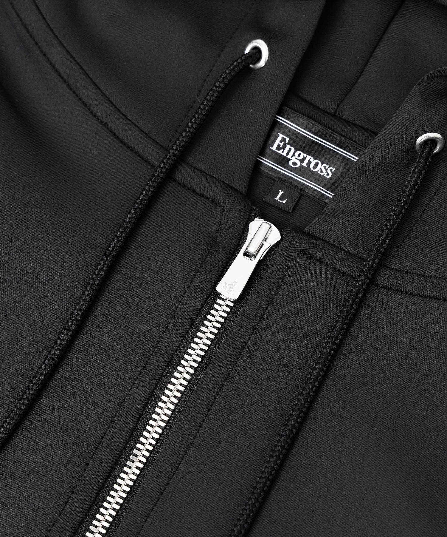 アスレジャーブランド Engross（エングロス）のLightweight Zip Up Hoodie（ライトウェイトジップアップパーカー）ブラック 平置き画像