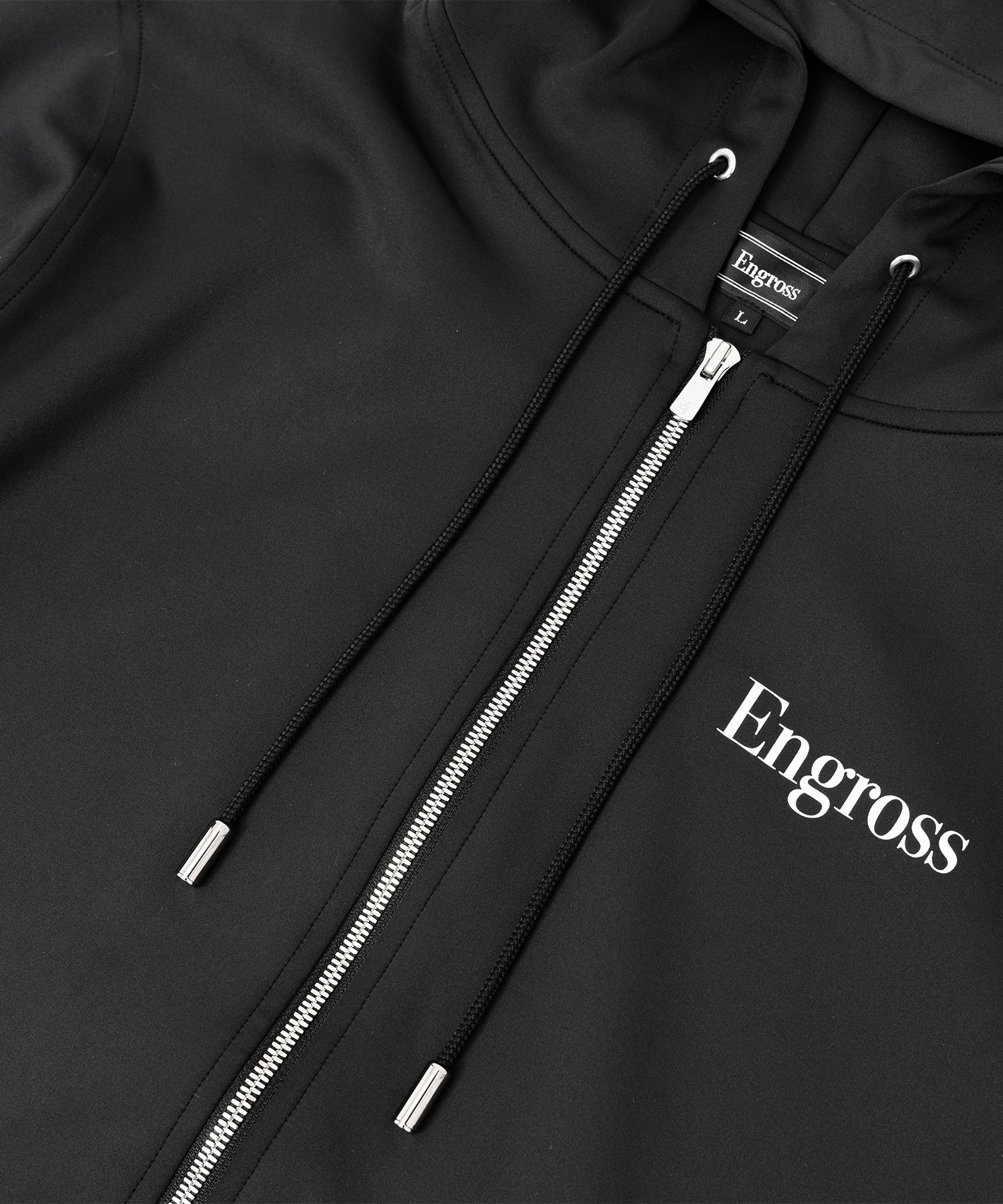 アスレジャーブランド Engross（エングロス）のLightweight Zip Up Hoodie（ライトウェイトジップアップパーカー）ブラック 平置き画像