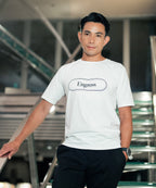アスレジャーブランド Engross（エングロス）のTrack Logo T-shirt（トラックロゴTシャツ）ホワイト モデル着用イメージ