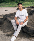 アスレジャーブランド Engross（エングロス）のDouble Logo T-shirt（ダブルロゴTシャツ）ホワイト モデル着用イメージ